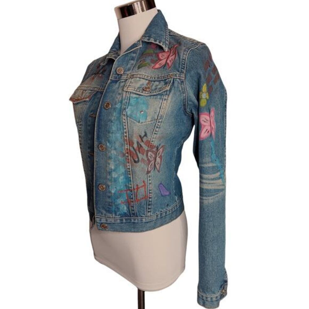 VINTAGE 90s Y2K Jean Jacket‎ Painted Denim Butterflies Artsy Studs Faded Small